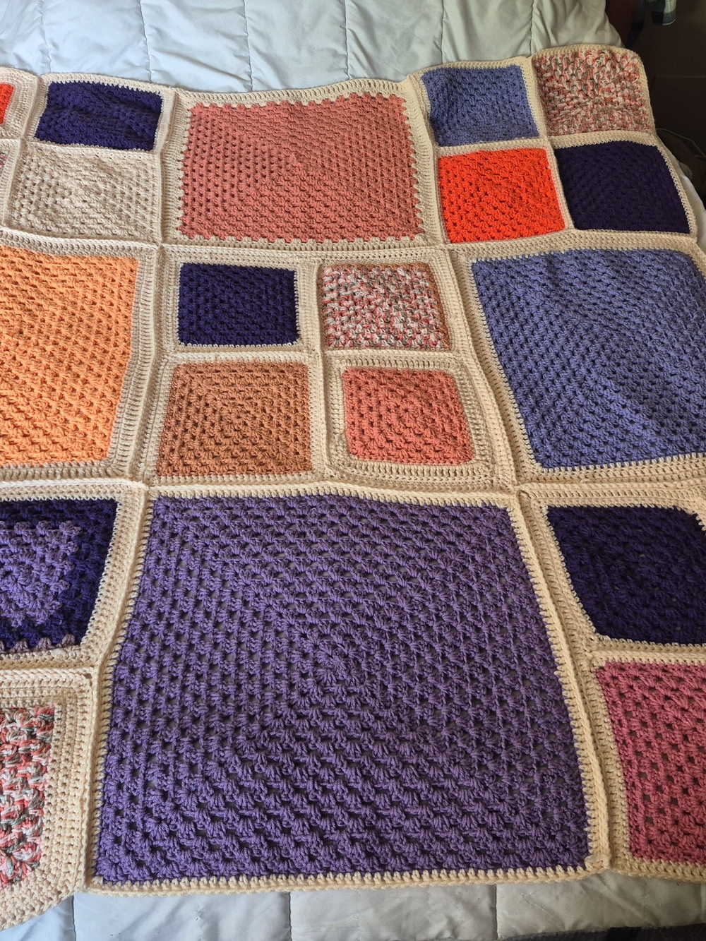 Handmade Crochet Patchwork Throw Blanket in Purple, Peach & Cream
